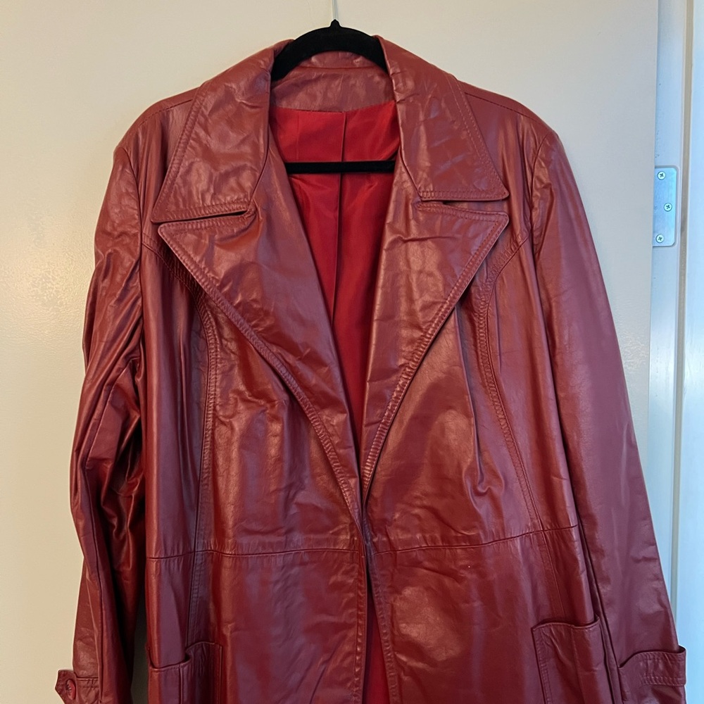1970’s Vintage Red Leather Trench Coat with Belt (FREE SHIPPING)